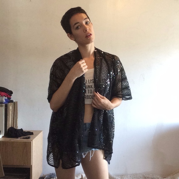 Amazing Vintage Black Sequin Kimono Jacket OS - Picture 2 of 4
